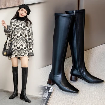 

cow leather Knee High Boots square Toe Thick med Heels party Shoes Woman Dancing Basic Boots size 41 42 43
