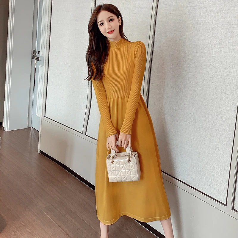 Autumn Winter New All-Match Casual Over-The-Knee Knitted Solid Color Round Neck Bottoming Elastic Black Dress Women