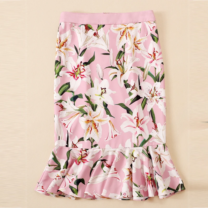 

Goodlishowsi 2019 Fashion Chic Women Trumpet Skirts Lilies Print Frills Hem All Matching Stylish Bodycon Lady Pencil Skirts