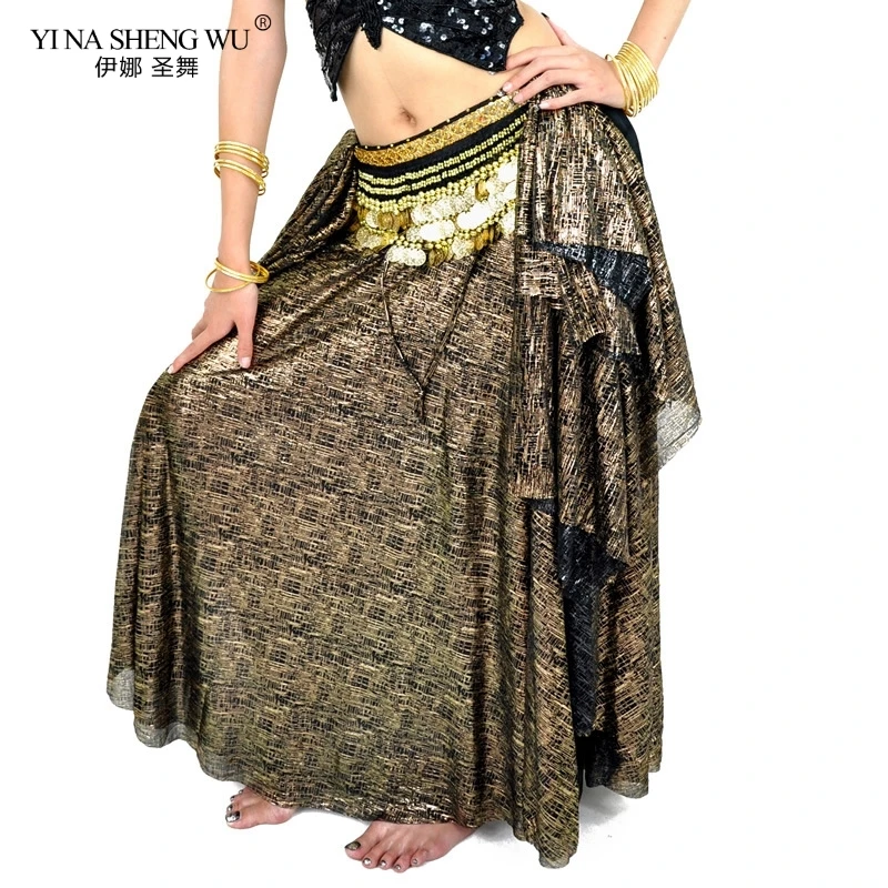 

10 Colors Women Belly Dance Wear Long Maxi Skirts Bellydance Accessories Bronzing Fabric Skirts with Ruffles Tribal Bellydance