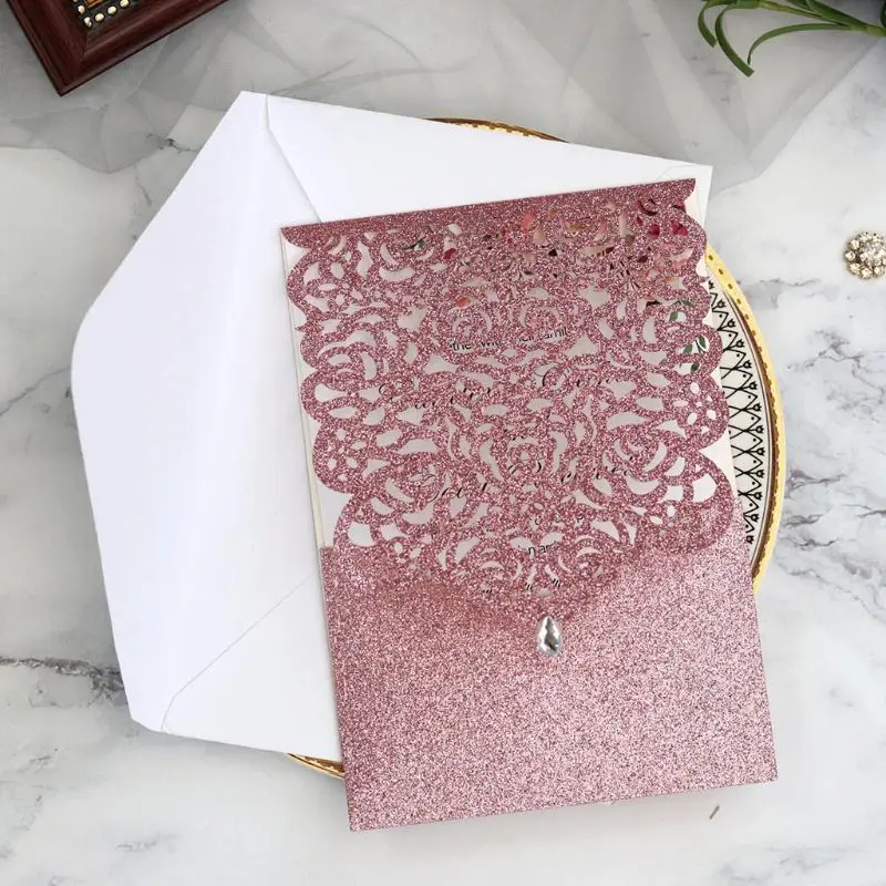  2019 10pcs Laser Cut Glitte Rose Invitations Card with Rhinestone Kits Wedding Party - 4.00033E+12