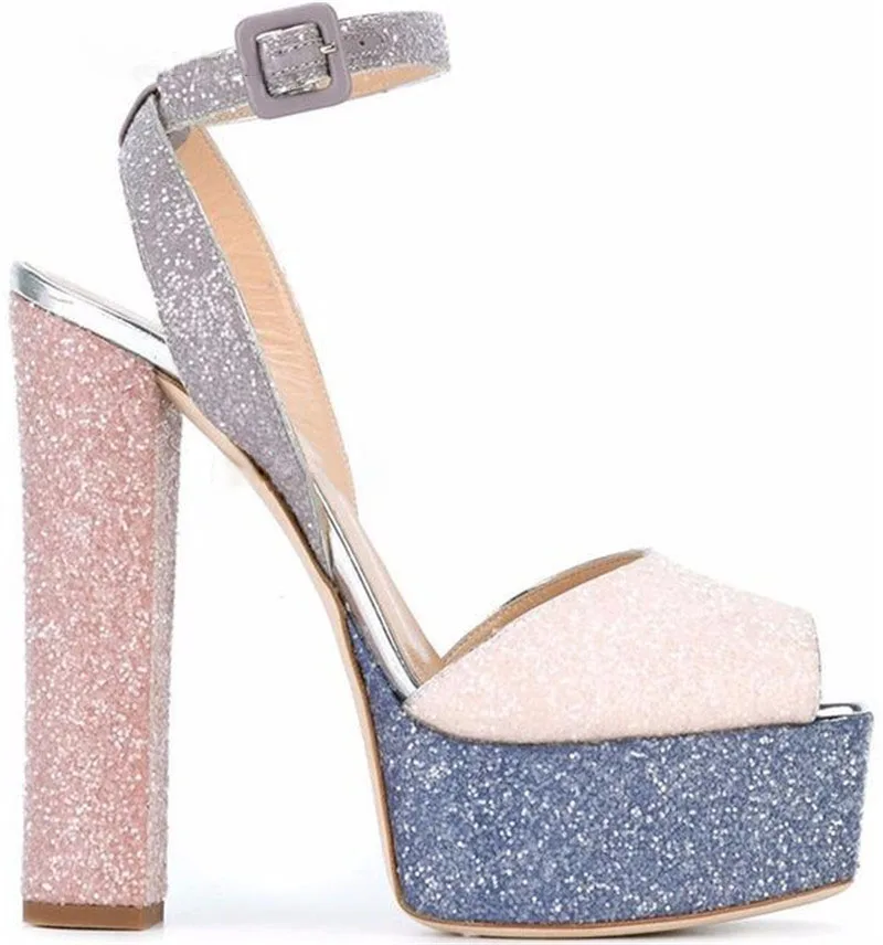 

Charming Women Peep Toe Sequined High Platform Sandals Ankle Strap Chunky Super High Heels Sandals Wedding Shoes Club Shoes