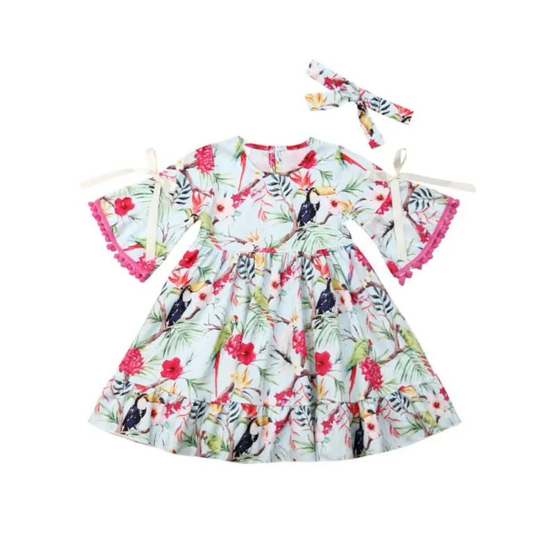 

Princess Kids Baby Girl Floral Dress Bow Hair Sets Flare Sleeve Bow Flowers Sundress Formal Party Dress Headband 2Pcs 1-6Y