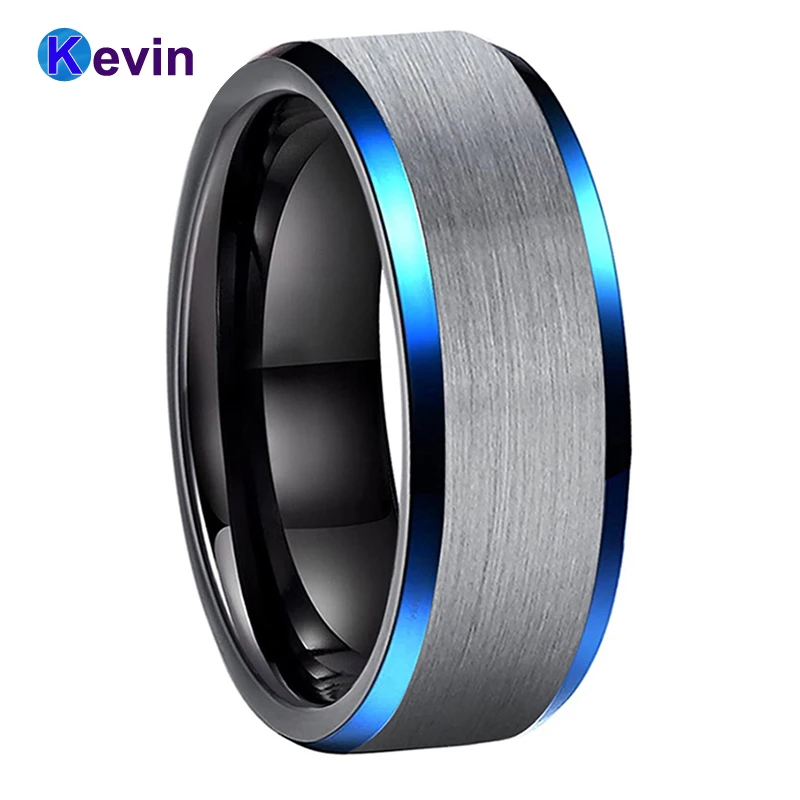 Черный обручальное кольцо Для мужчин женщин Вольфрам синий скошенные края