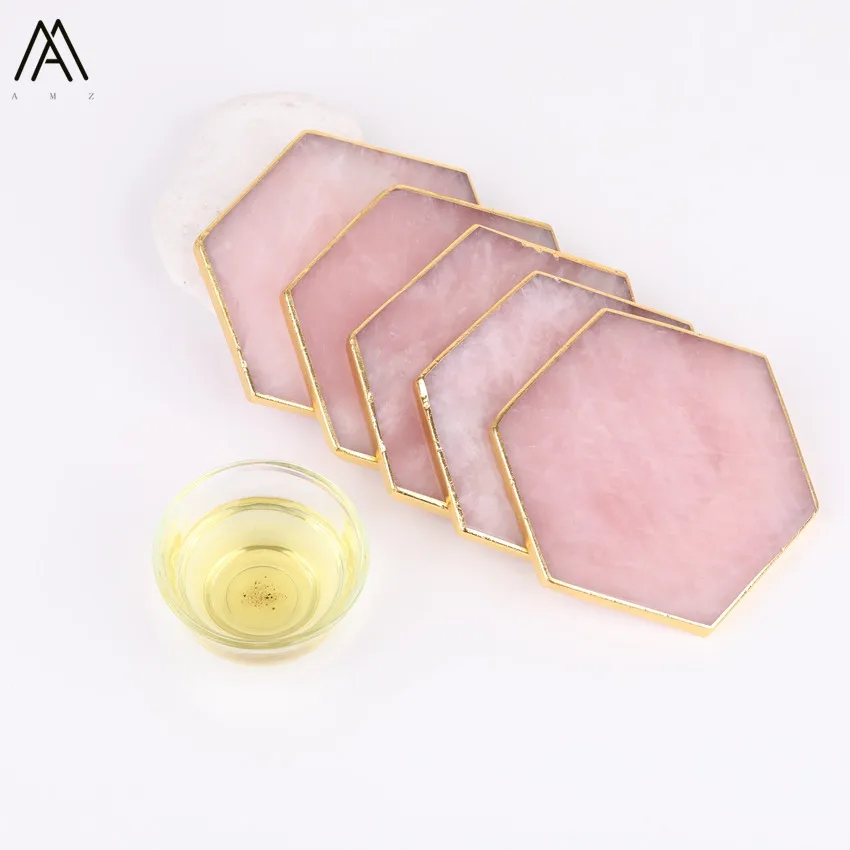 

Approx 80-85mm Plated Gold Edges Natural Roses Quartz Hexagonal Shape Coaster Pink Quartz Home Tea Cup Mat Decoration CX-01AMCJ