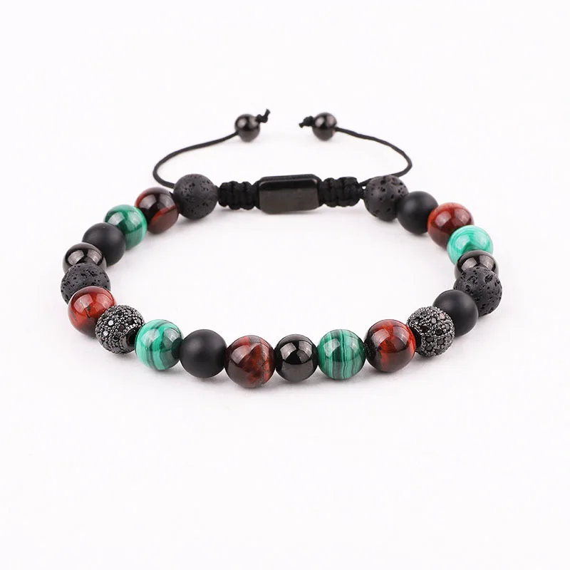 New Design 8mm Natural Stone CZ Pave Ball Braided Friendship Macrame Bracelet Men