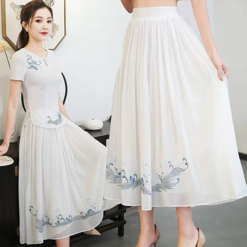 

New Style WOMEN'S Dress National Wind Embroidery Chiffon Skirt Skirt