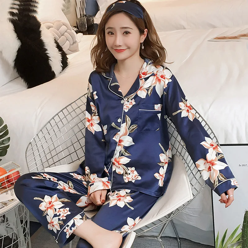 

plus size 3XL 4XL Eye mask Women Pajama Set with Flower Print pijama mujer 2019 Autumn long sleeve Faux Silk Nighties Sleepwear