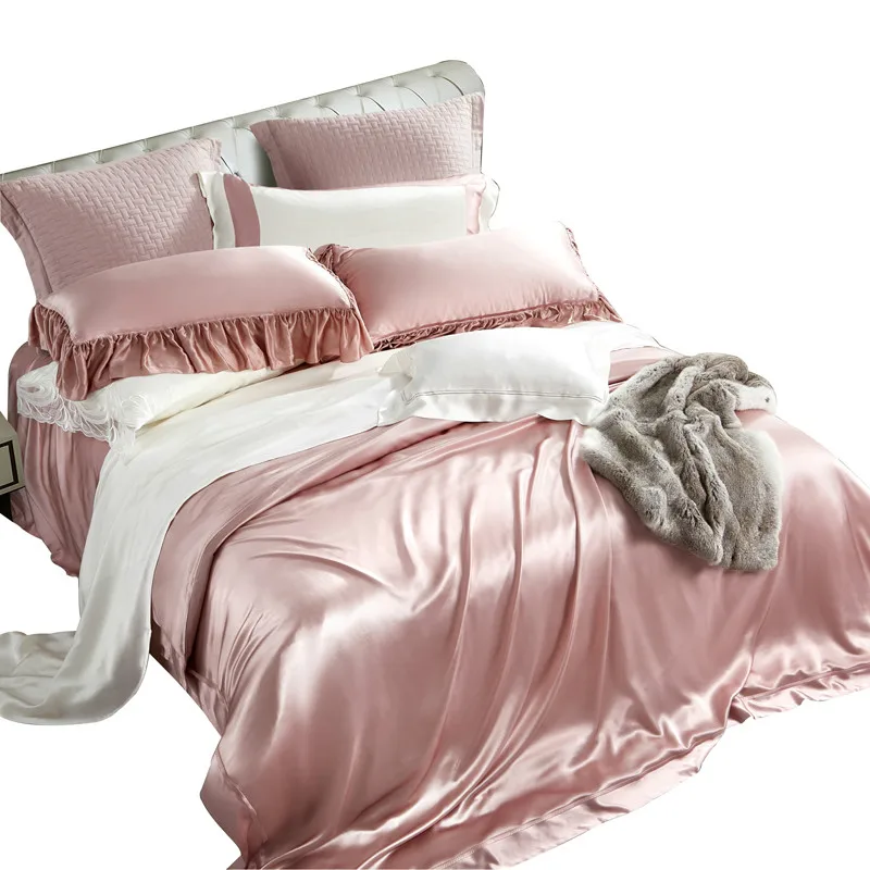 

High-End Embroidery Silk Bed Four-Piece Silk Pink Mulberry Silk Bedding luxury bedding sets bed set queen size