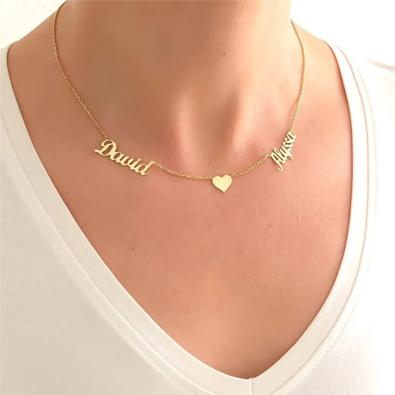 Gold Chain Double Name Heart Necklace 