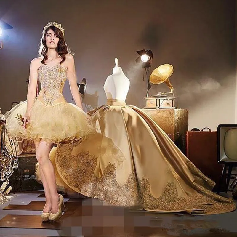 Vestidos Quinceañera de oro brillante, cuentas bordadas, escote en forma corazón, 16 dulces vestidos de fiesta, vestido desfile, tren desmontable, 2021|Vestidos de quinceañera| - AliExpress