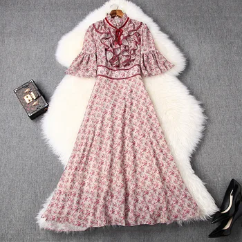 

Women rose floral print vintage dress new 2020 summer lace tiem ruffles front lace up bow stand collar flare sleeve cute dresses