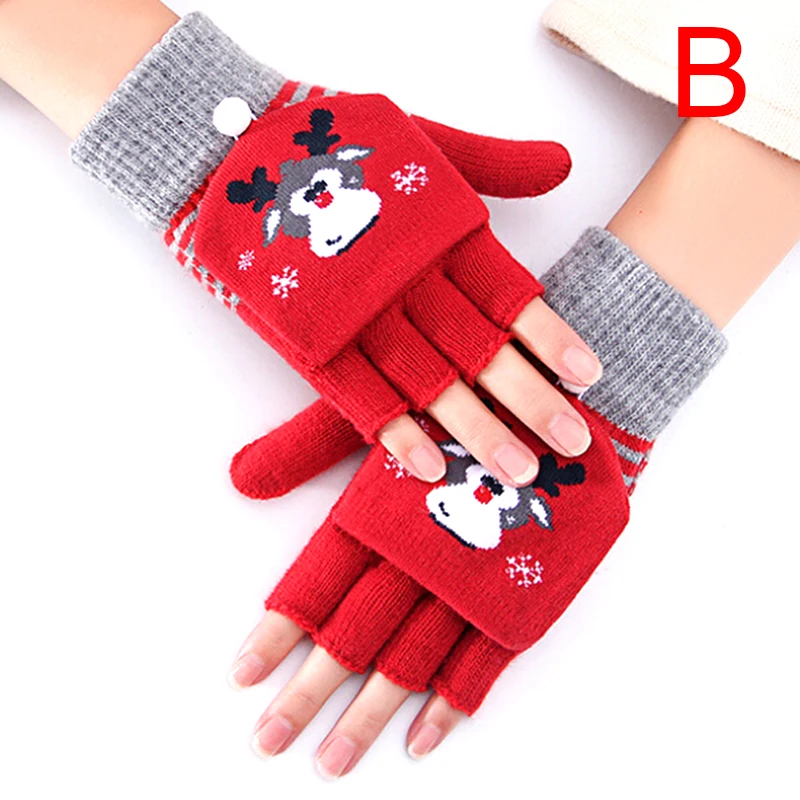 Женские зимние вязаные перчатки с принтом оленя и снеговика, теплые рукавицы без пальцев, женские перчатки