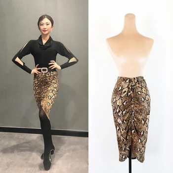 

Latin Dance Skirt Sexy Python Print Pleated Half-Length Practice Clothes Rumba/Cha Cha Dance Stage Performance Costumes DQL2946