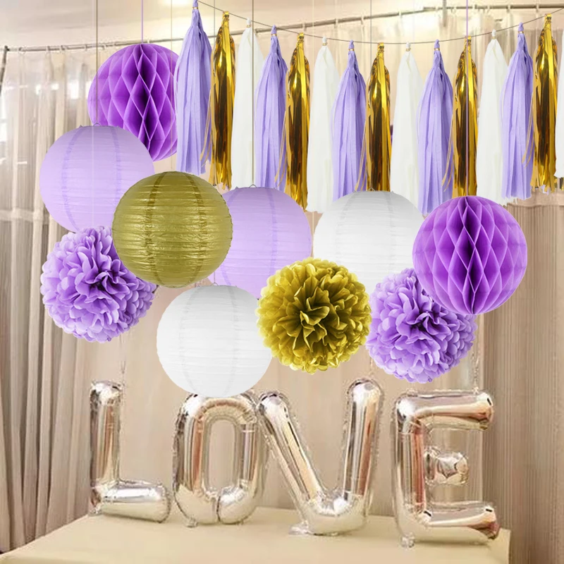 25pcs/set Gold White Round Hanging Paper Ball Lanterns Honeycomb Tissue Pom Poms Tassel Birthday Wedding Theme Party Decorations