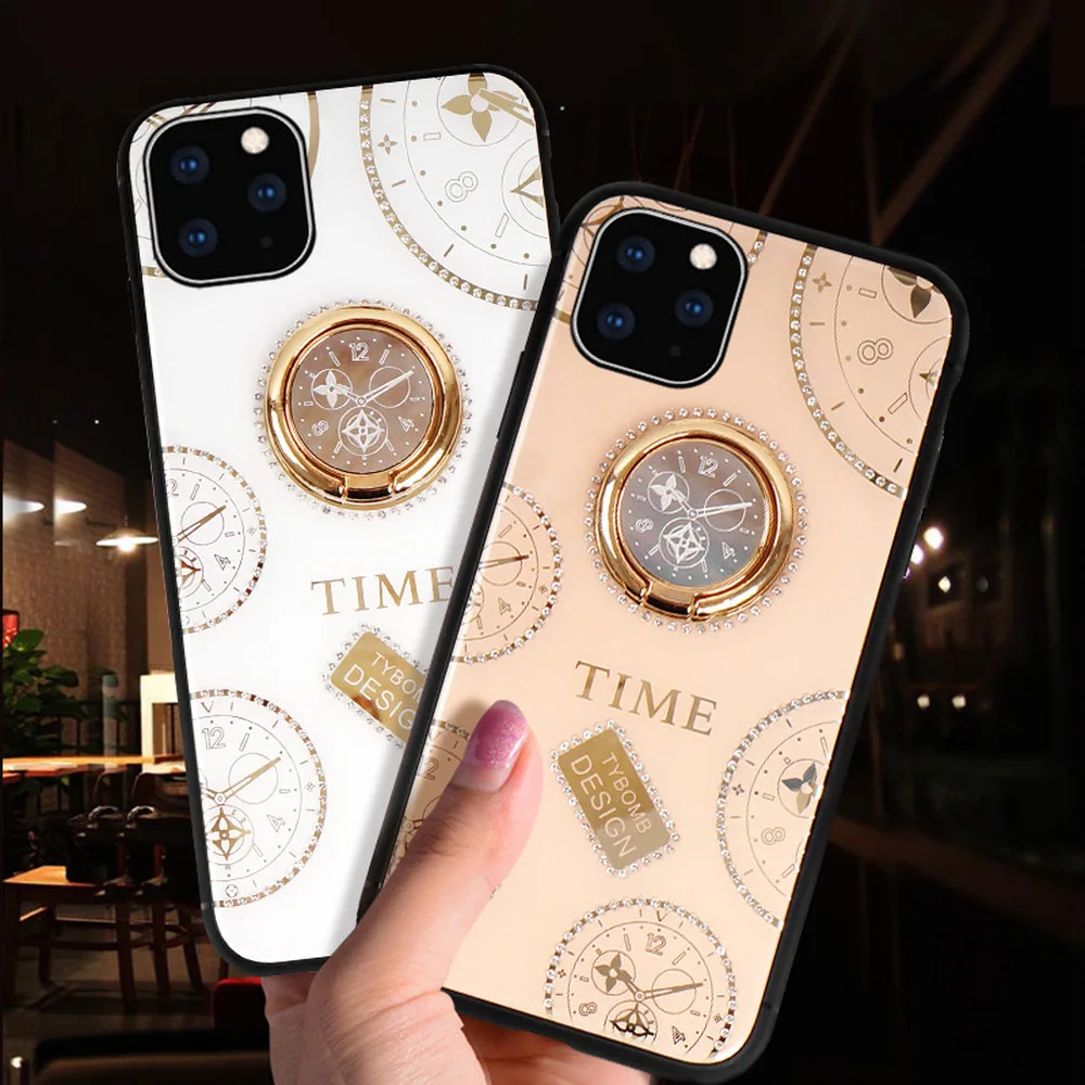 Glitter Glass Phone Case for Iphone 11 Pro Case XS MAX XR X 8 7 PLUS 7 6 6S Luxury Clock Cover 360 Degree Metal Ring Holder Case Glitter Glass Phone Case for Iphone 11 Pro Case XS MAX XR X 8 7 PLUS 7 6 6S Luxury Clock Cover 360 Degree Metal Ring Holder Case