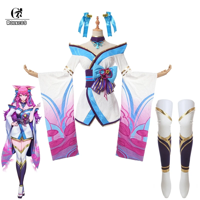 ROLECOS LOL Дух цветок Ahri Косплэй костюм парик Игра Ари Для женщин кимоно в стиле