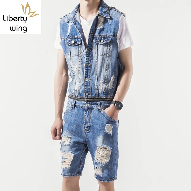 mens denim romper shorts