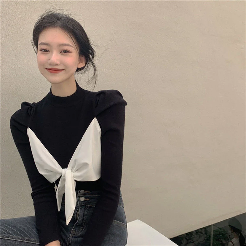 

Half High Collar Long Sleeve T-shirt Slim Fit Black Bottom Sexy T Shirt Women Tshirt Autumn Winter Bow Design Sense Of Top Vogue