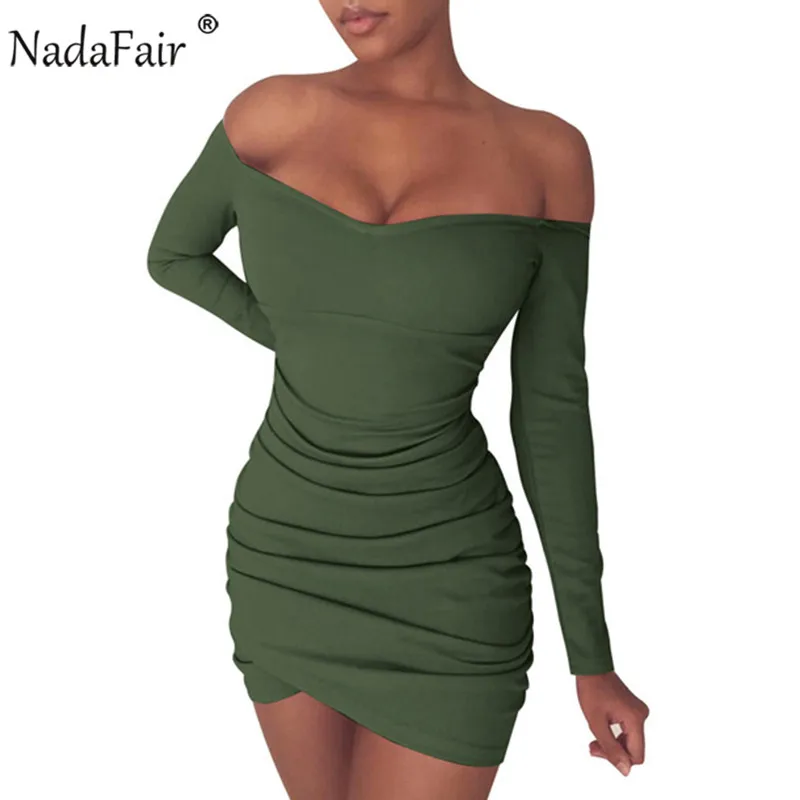 Nadafair, осенне-зимнее женское облегающее платье с длинным рукавом, с рюшами, с открытыми плечами, Сексуальные клубные вечерние платья, красное, черное, Белое Мини-Платье с запахом