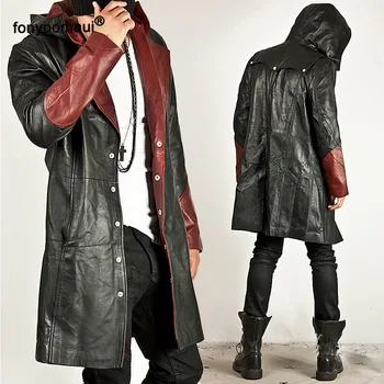 

Men PU Leather Splicing Color Long Hooded Coat Double Breasted Turn-down Collar Cut Sew Contrast Jacket Windbreaker Large Size