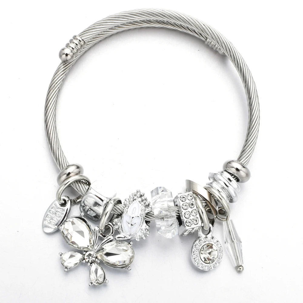 D Fashion Zircon Butterfly Charms Stainless Steel Bracelet Bangle Crystal Disco Ball Pendant Adjustable Bracelet Jewelry for Women - Окраска металла: D