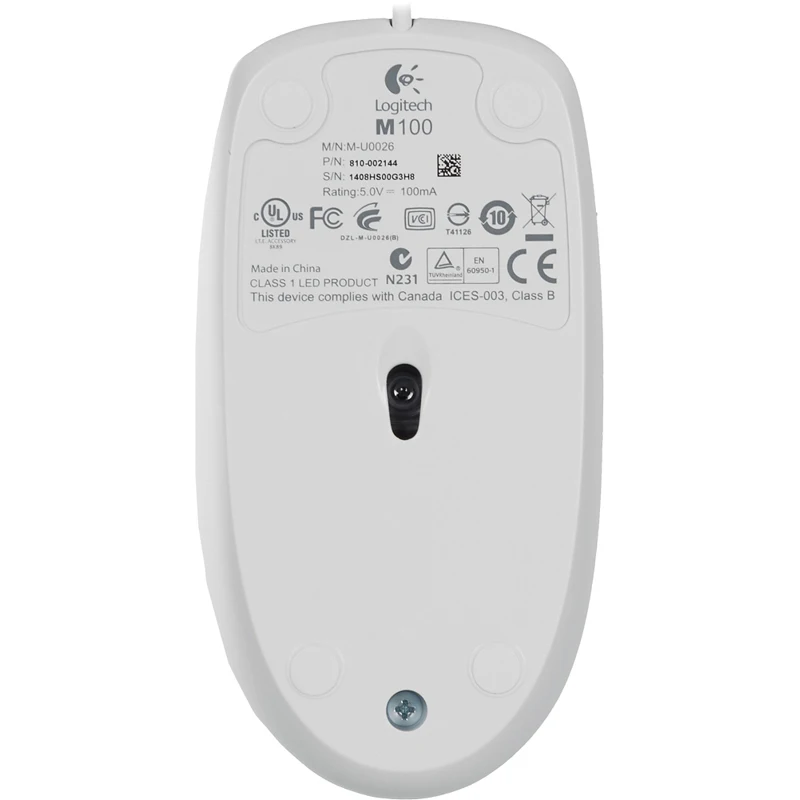 Мышь LOGITECH M100, проводная, USB, белый