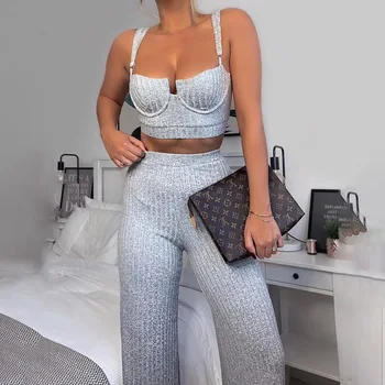 

High Street 2020 New Arrivals Sexy V Neck Sleeveless Two Piece Women Set Fashion Designer Women's Set