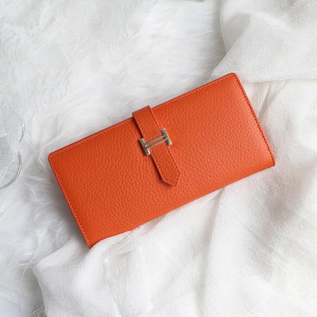 Genuine Leather Women Luxury Lychee Pattern Wallets Long Brand Zipper Coin Purses Female Solid Colors Hasp Thin Clutch Phone Bag Orange