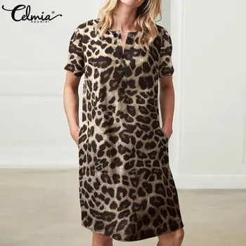 

Summer Dress 2020 Celmia Women Short Sleeve Shirt Sundress Retro Leopard Print Button Female Casual Sarafans Party Mini Vestidos