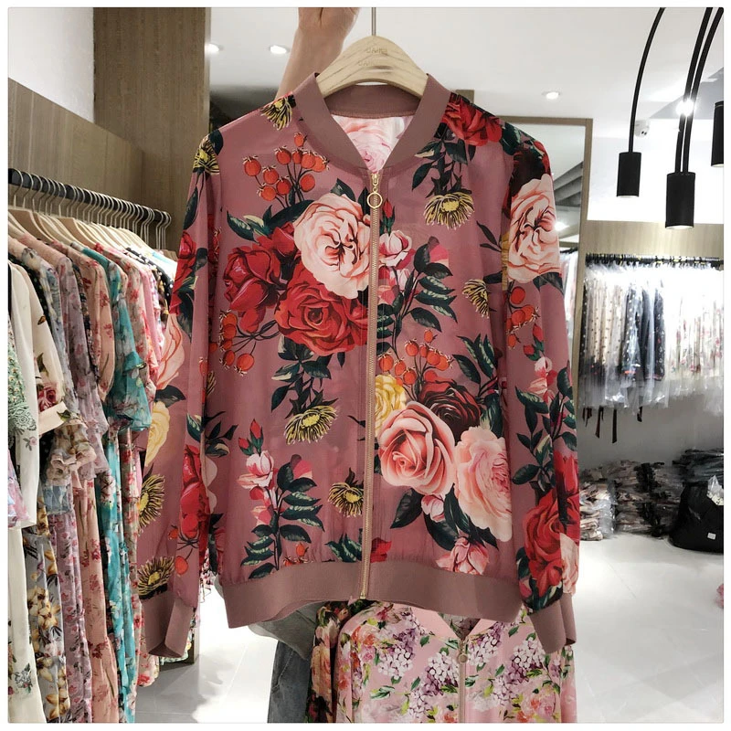 Chaqueta de moda de gasa con estampado de rosa para mujer, chaqueta béisbol grande para madre de mediana básicas| - AliExpress