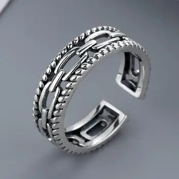 

Pure S925 silvering hollow-out neutral ring retro hemp chain high quality individual character men women lovers opening ring