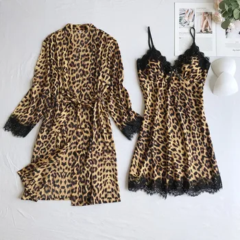 

Silk Pajamas For Women Leopard print Pyjama Sets Women Summer Lace Sexy Lingerie Sleepwear With Chest Pad Pijama Mujer 2020