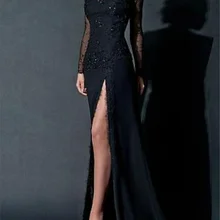 Sheath / Column Sexy Engagement Formal Evening Dress Scoop Neck Long Sleeve Chiffon with Beading Lace Insert Split Front 2021