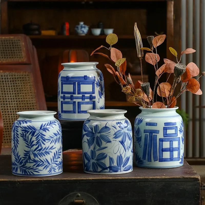

Hand Painted Vase Ceramic Retro Blue-and-White Jar Straight Table Vase Decoration Living Room Flower Arrangement Decoration