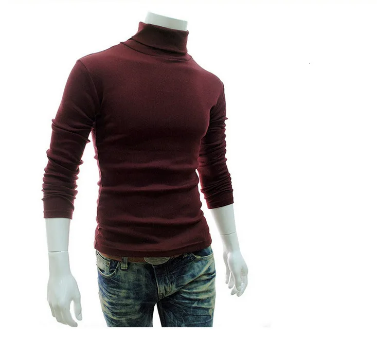 Мужской солидный свитер с высоким содержанием свинца, Однотонный свитер с длинным рукавом без подкладки, приталенный брендовый вязаный свитер с высоким воротом - Цвет: wine red