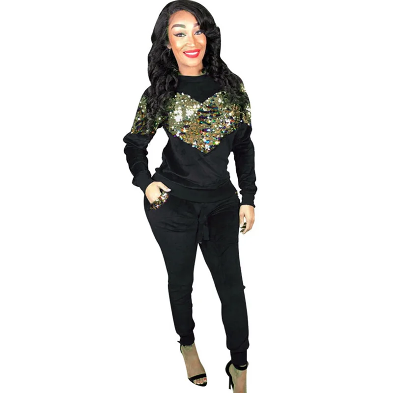 

Women Autumn Winter Warm Velvet Tracksuit Two Piece Set Long Sleeve Sequin Sweatshirt Tops and Pants Femme Casual Sweat Suits