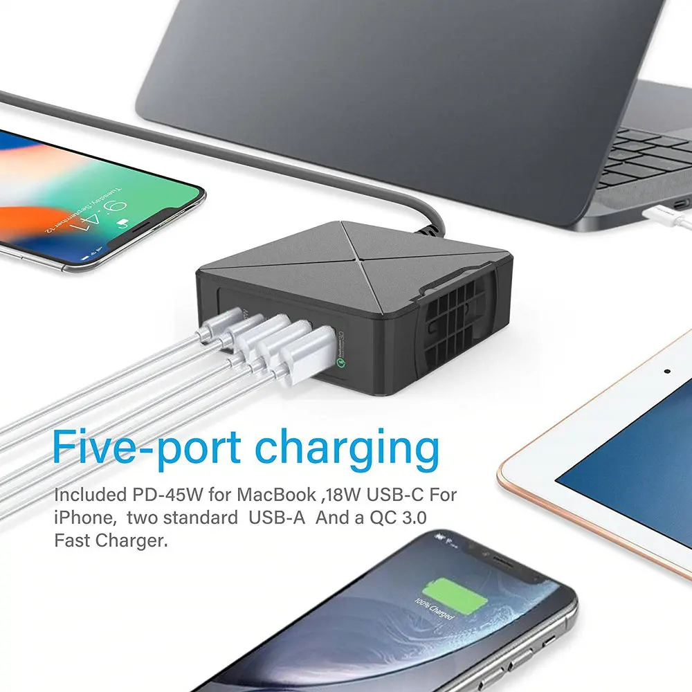 75W USB Charger X8 Wireless Charger Type C 45W PD Charger For iPhone MacBook Huawei Xiaomi Phone Tablet Laptop Travel Adpter