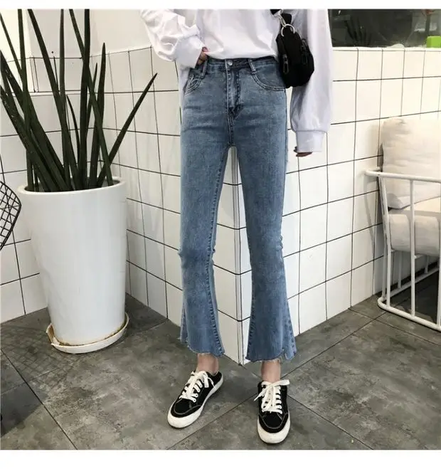 Women Hight Waisted Wide Leg Jeans Summer Autumn Stretch Slim Ankle Length Button Pockets Denim Flare Pants Plus Size