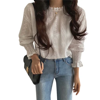 

2020 summer new lace women blouse solid white hollow out lantern sleeved slim sweet buttoming pulls outwear coat tops