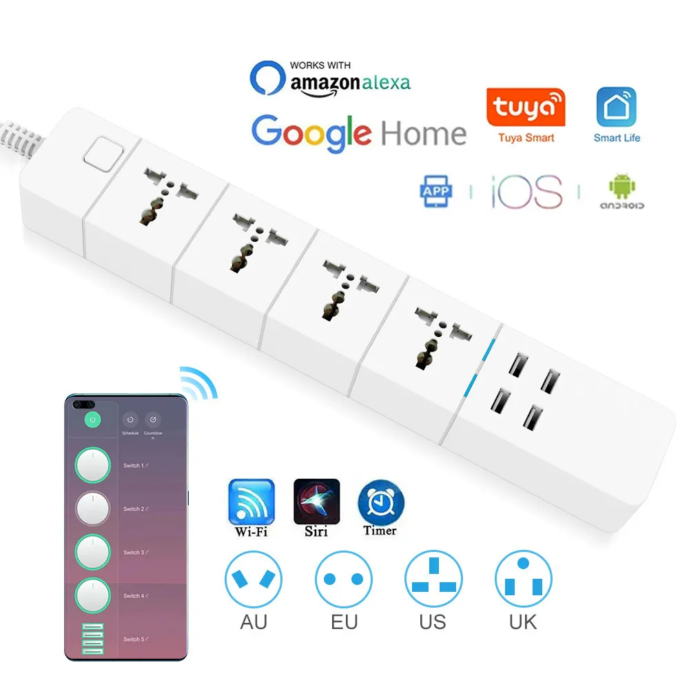 WIFI Smart power strip Universal 1.8/M/3.0M/5.0M with alexa googlehome multi plug 4 AC Socket 4 USB voice contro UK/EU/US/AU