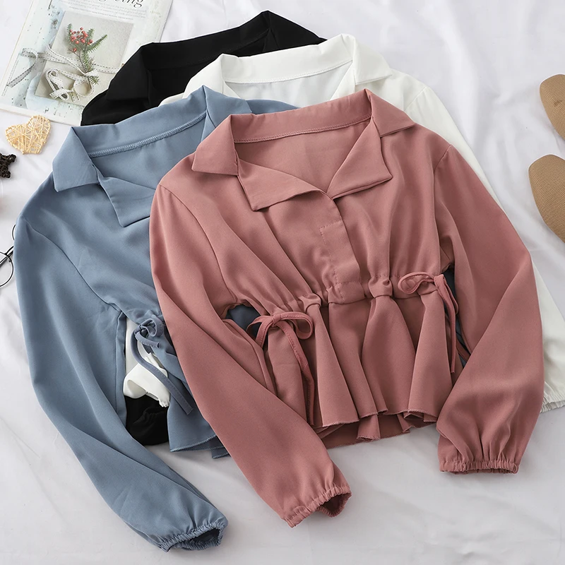

Elegant Women Long Sleeve Turn-down Collar Bandage Strap Basic Chiffon Bow Shirt Vintage Short Elastic Slim Pullover Blouse Tops
