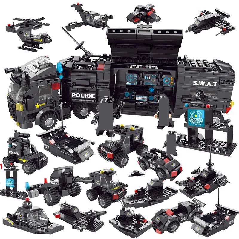 

700Pcs City Police Command Vehicle Building Blocks Sets SWAT Team Truck Car Model Bricks Kit Educational Toys For Children