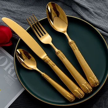 

Luxury Stainless Cutlery Set Retro Gold Western Steak Knife Fork Metal Tableware 4 Pcs Reusable Home Kitchen Dinnerware KK60CJ