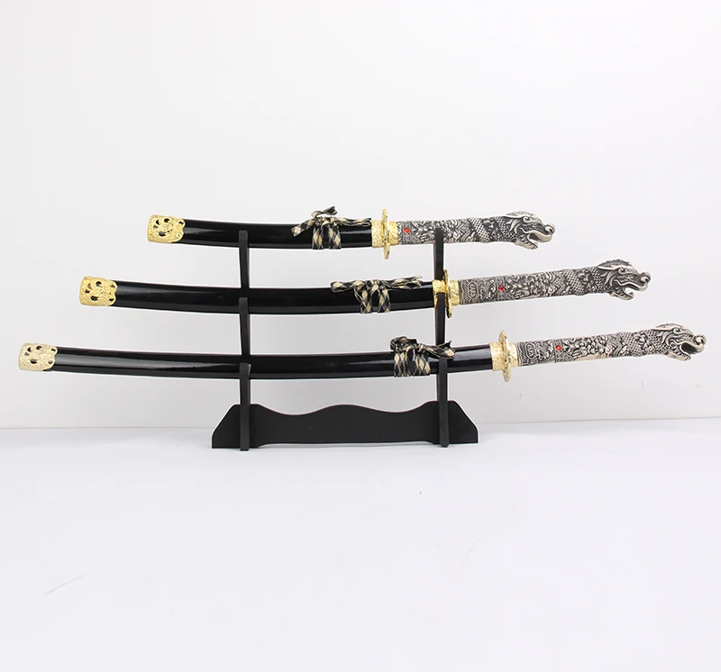 Free Shipping Dragon Samurai Sword 3pcs/Set with Stand Real Carbon Steel Blade Gold Metal For Display Martial Art Supply