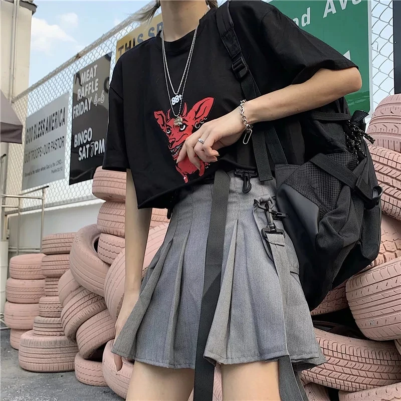 Японская женская уличная плиссированная мини-юбка в стиле Харадзюку, готическая юбка в стиле панк, Ulzzang уличная одежда, юбки с высокой талией - Цвет: Серый