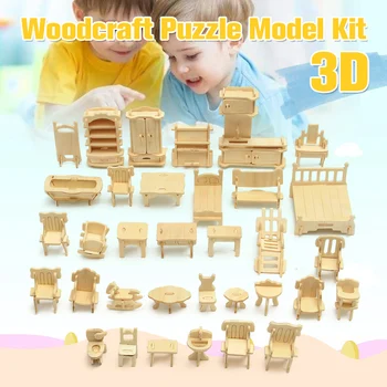 

Mini 34pcs/set DIY Kids Educational Dollhouse Furniture 3D Woodcraft Puzzle Model Kit Handmade Toys Children Handworked gift