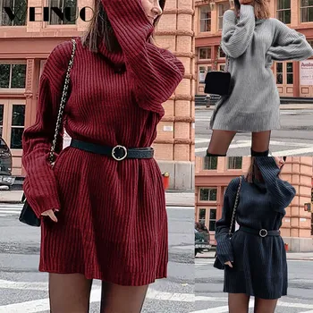

Sweater Dress 2019Top New Fashion Winter Women O Neck Long Sleeve Solid Color Knitted Sweaters Casual Mini Dress Robe Femme