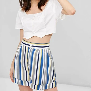 

White Solid Color Tee Frilled Striped Shorts Round Neck Short Sleeve Set Summer Women Casual Suit