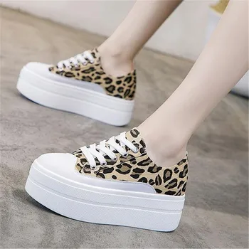 

7CM Women Shoes Wedge Platform Shoes White Leopard Print Shoes Women Chunky Sneakers Platform Black Fashion Canvas for Women